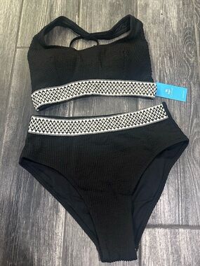 Cupshe Black High-Waist Textured Bikini with White Zigzag Trim
